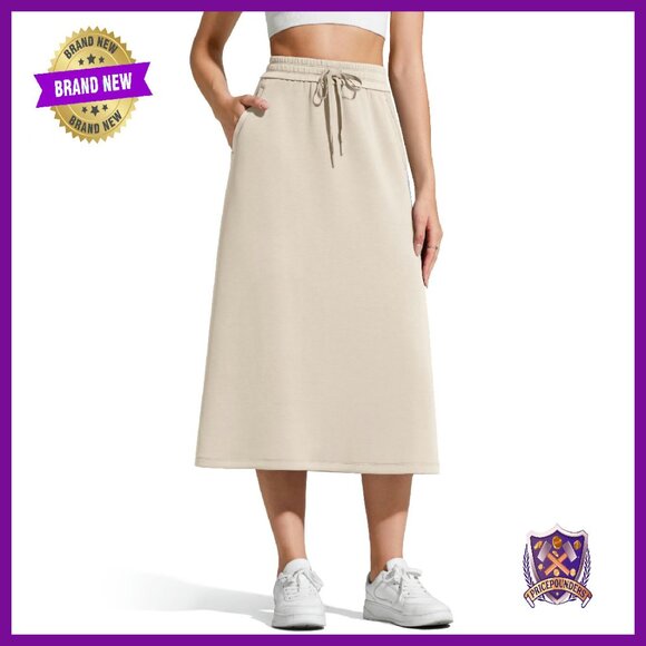 Modal Midi Skirt with Pockets Drawstring Waist Casual Fall Style